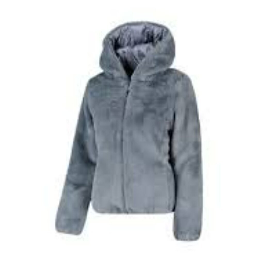SAVE THE DUCK reversible Faux Fur Puffer Jacket hood- Grayish blue Laila - Picture 15 of 15